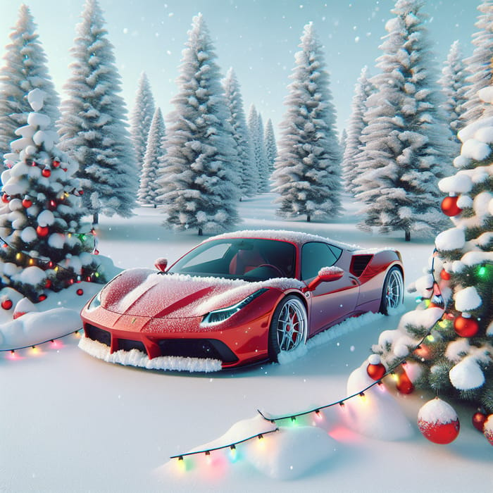 Red Sports Car in Snowy Christmas Setting
