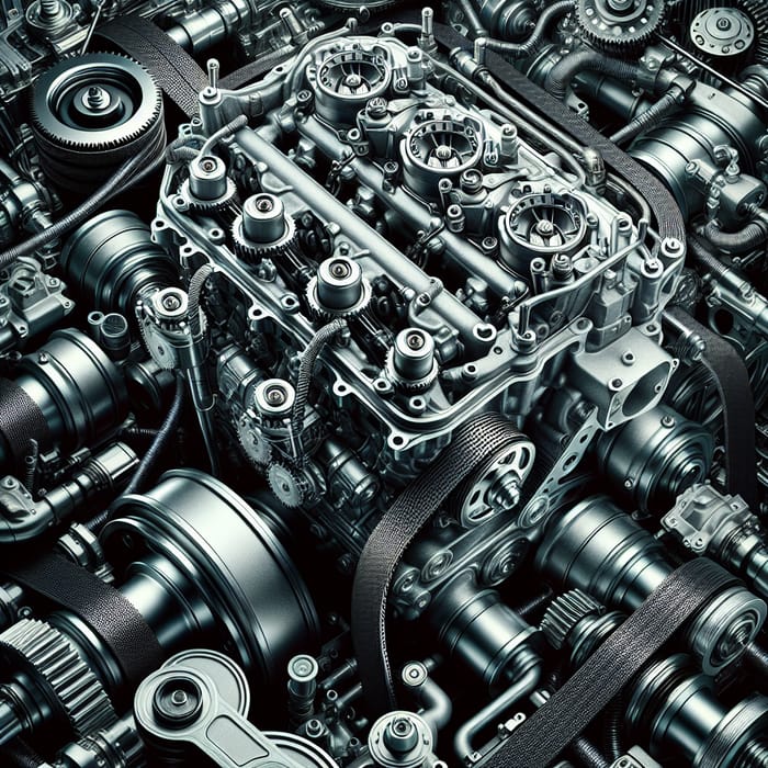 Detailed Car Engine: Shiny Metal and Rubber Components