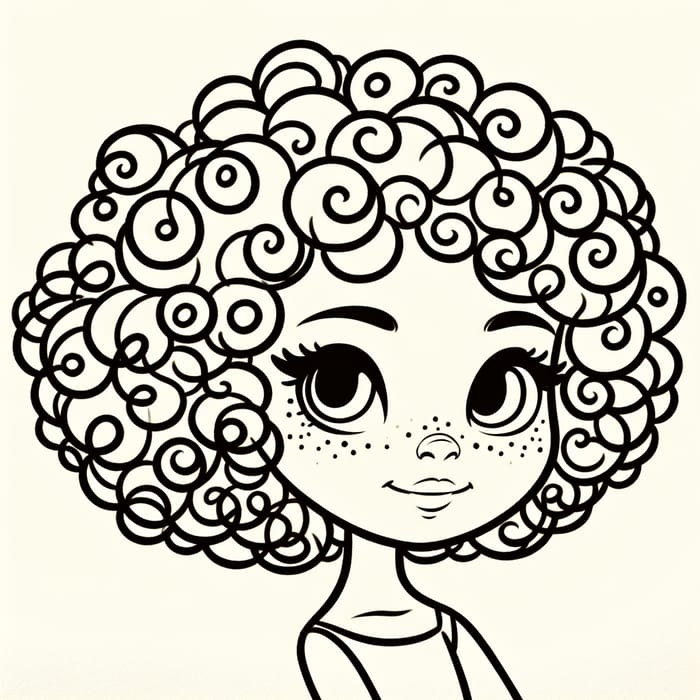 Pixar Style Line Drawing of Short Curly Hair Girl Coloring Page