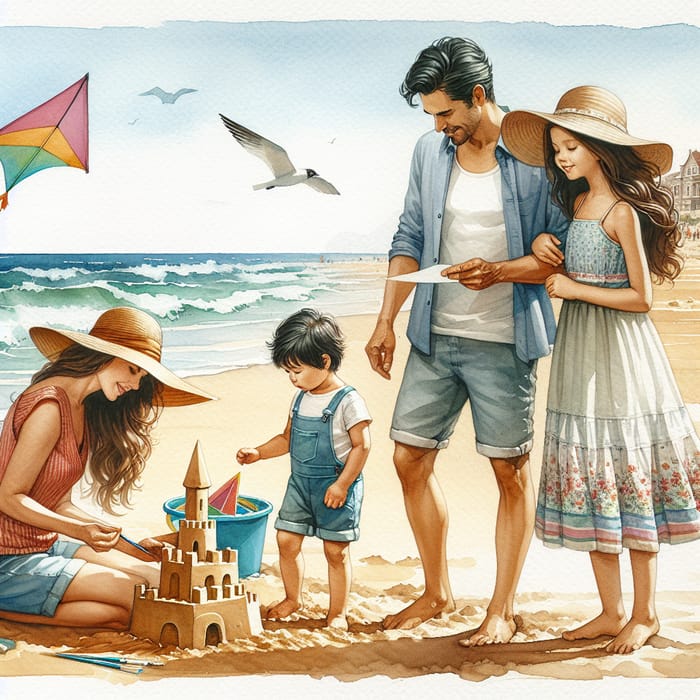 Watercolor Family at Beach | Diverse Parents & Kids Scene