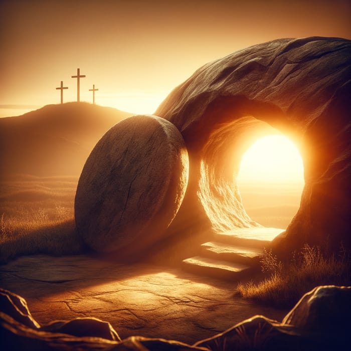 Empty Tomb Of Jesus Christ At Sunrise - Resurrection With Three Crosses