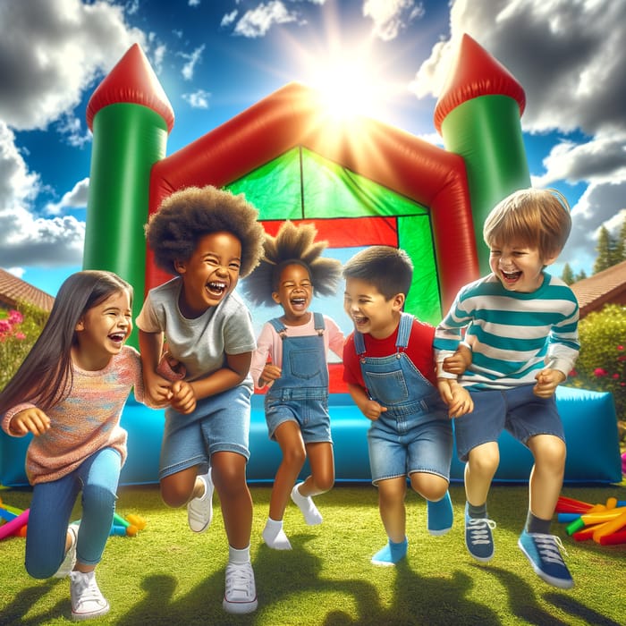 Enthusiastic Kids Playing in Front of Colorful Jumper