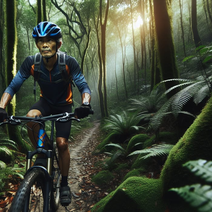 Exploring Nature: Cyclist In Lush Green Forest