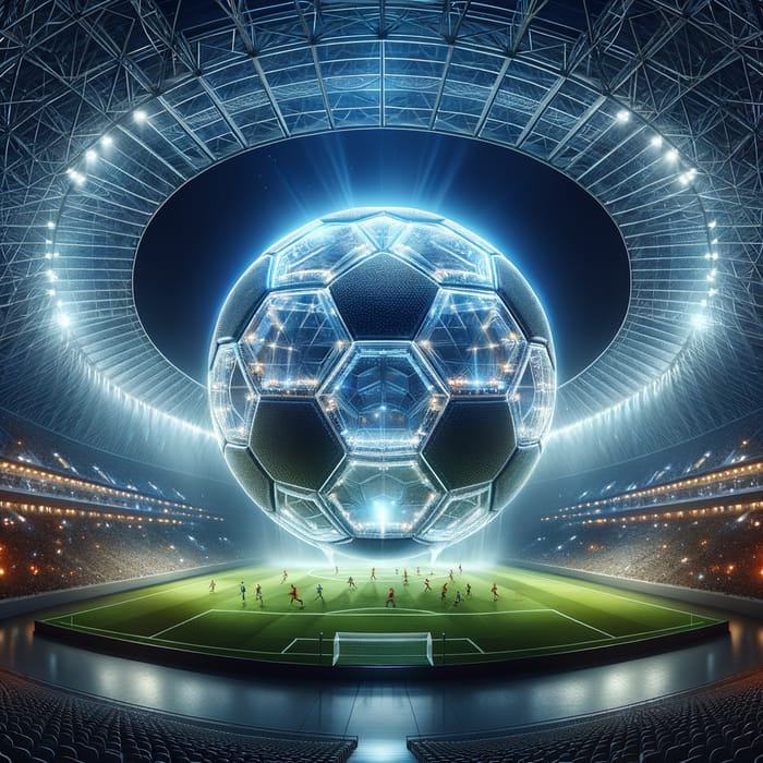 Dynamic Night Game at Futuristic Soccer Stadium with LED-lit 50ft Glass Soccer Ball