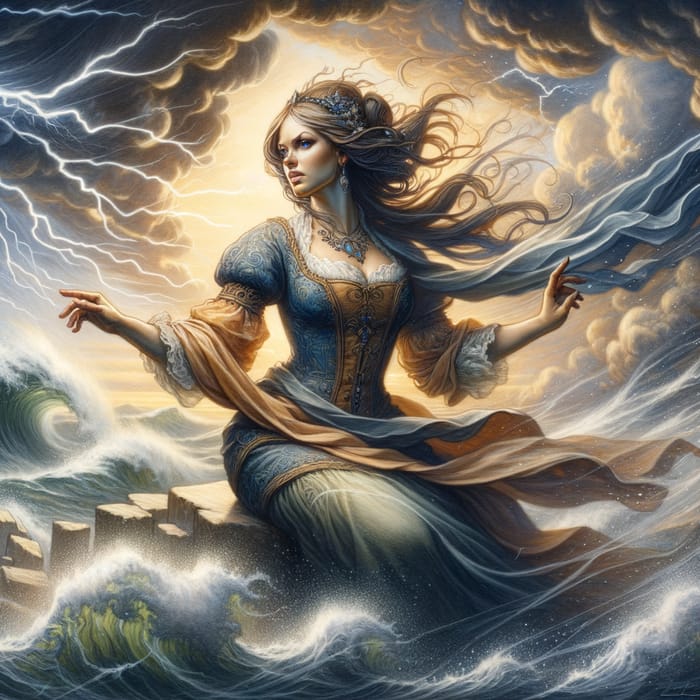 Noble Woman Embracing Transformation Amidst Wind and Thunder