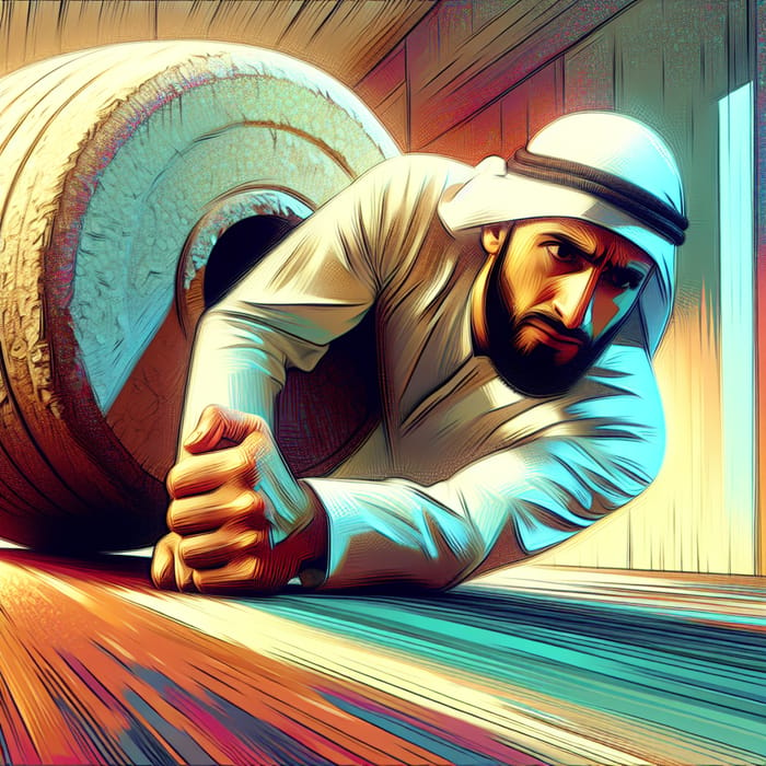 Perseverance and Achievement: Digital Painting of a Determined Middle-Eastern Man Overcoming an Obstacle in a Vibrant Room