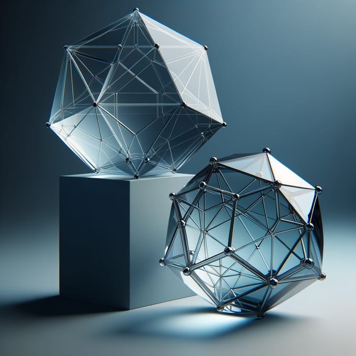 Modern Glass Icosahedron & Dodecahedron Sculptures on Pedestal