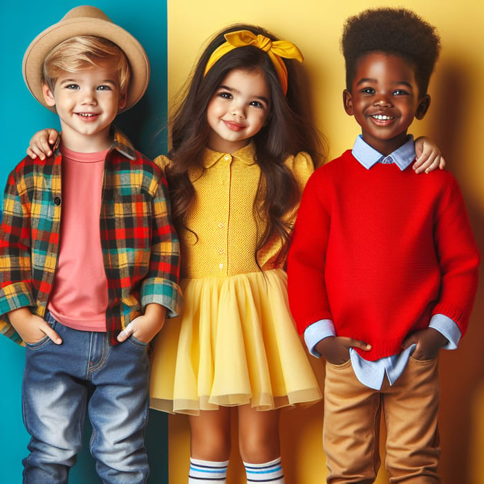 3 Fashionable Kids Standing Joyously | Bright Attire