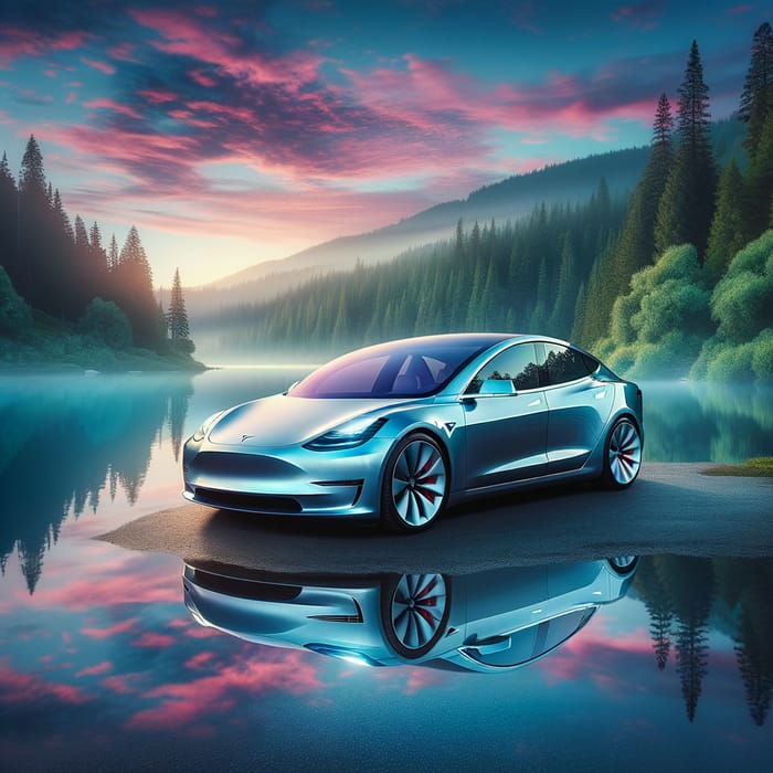 Tesla Car by Calm Lake | Tranquil Harmony Scene