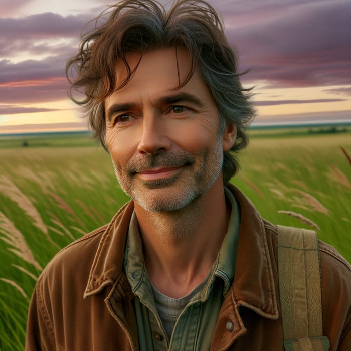 Casual Man Enjoying a Sunset in a Field