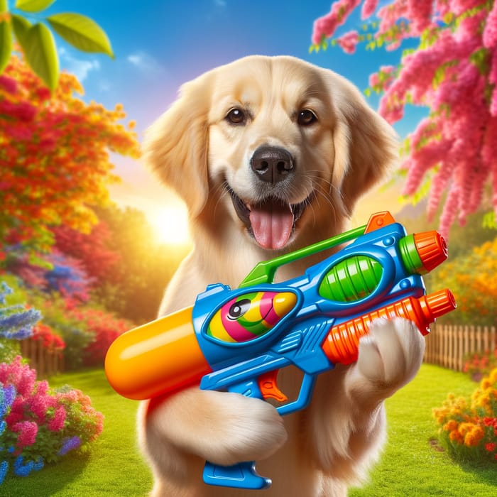 Happy Golden Retriever Playing with Colorful Water Gun
