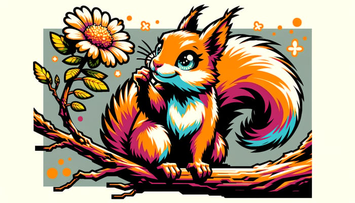 Sparkling Squirrel Delightfully Smelling Flower on Tree | Cell Shading Art