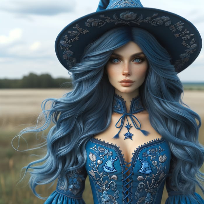 Blue Adult Witch with Long Hair and Eyes | Detailed Blue Outfit