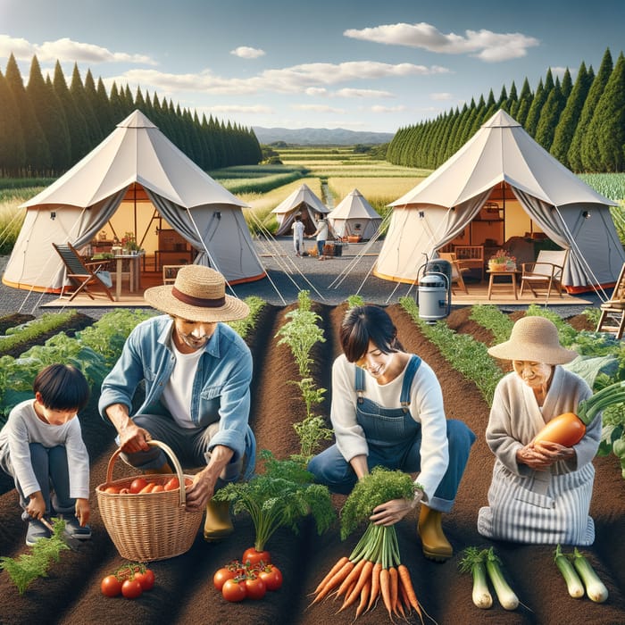 Japanese Family Harvesting Vegetables in Dome Tents Farm