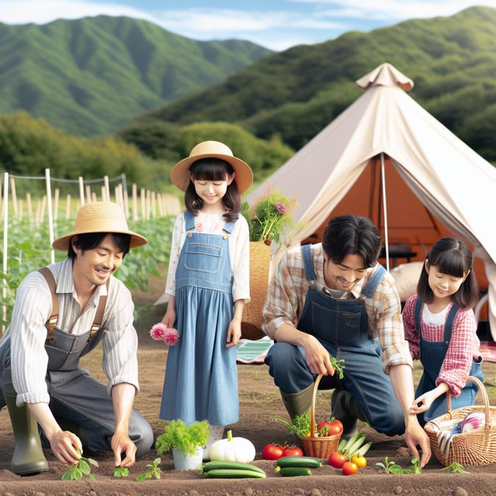 Japanese Family Harvesting Vegetables in Field with Campsite Backdrop