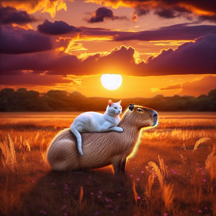 Serene Sunset Scene with White Cat and Capybara