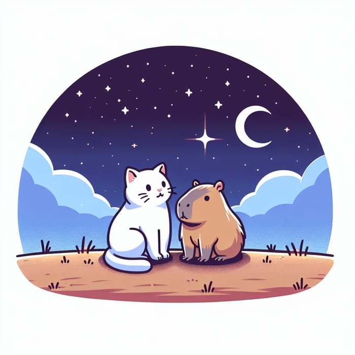Gazing at Starry Night Sky: White Cat and Capybara's Love