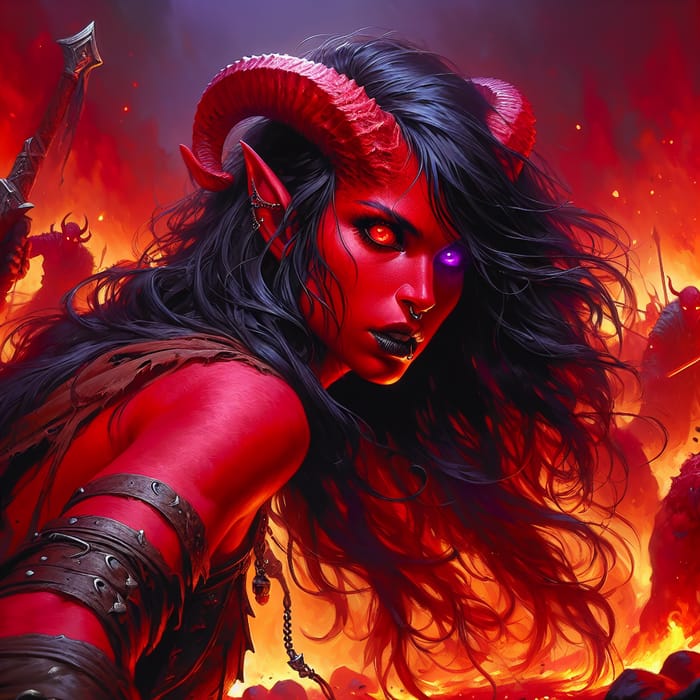 Red-Skinned Female Tiefling Barbarian in Fiery Battle
