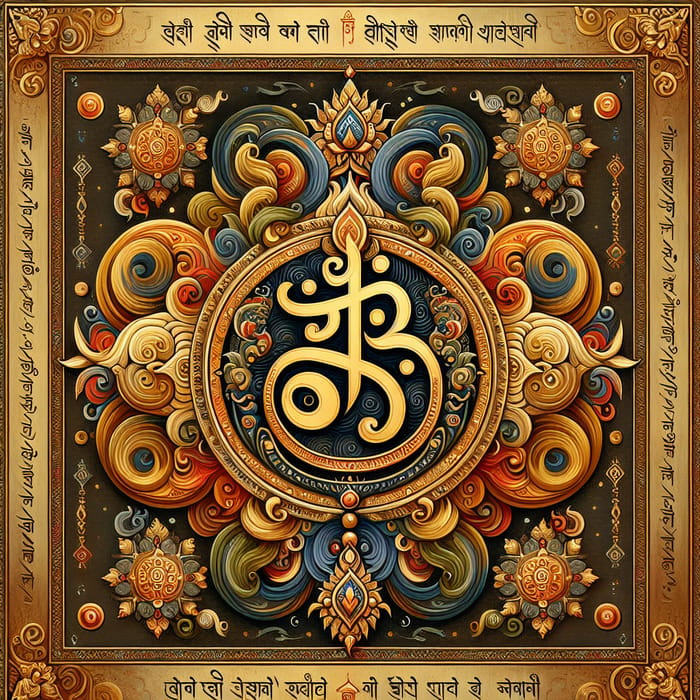 Sanskrit-Inspired Artwork with Symbolic Motifs and Vibrant Colors