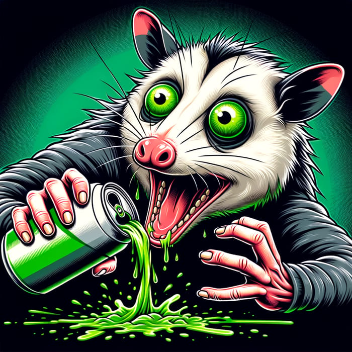 Comedic Possum Caricature: Mountain Dew Drink Overdose Drama