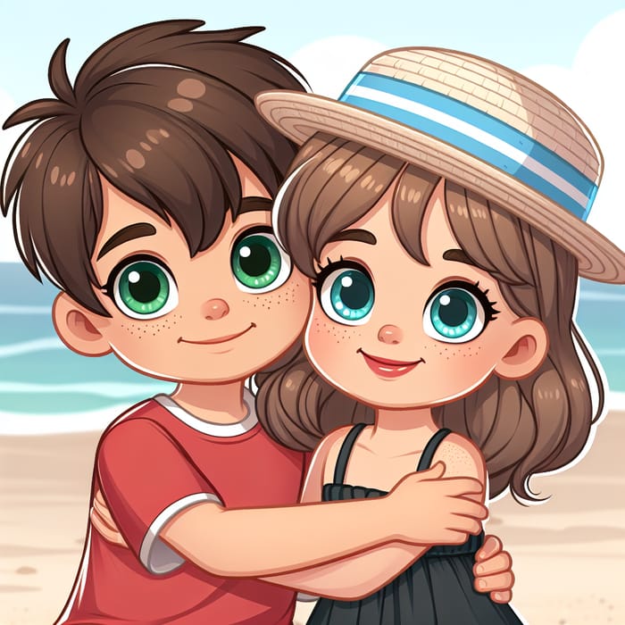 Adorable Siblings Embracing at the Beach in Disney Style | Heartwarming Scene