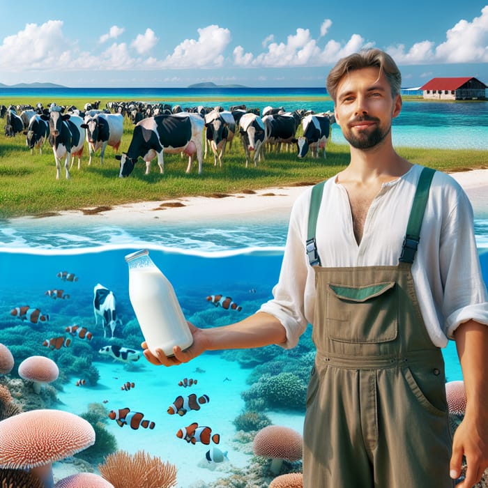 Seaside Farm Scene: Cows, Man with Milk, Coral Reefs & Fish