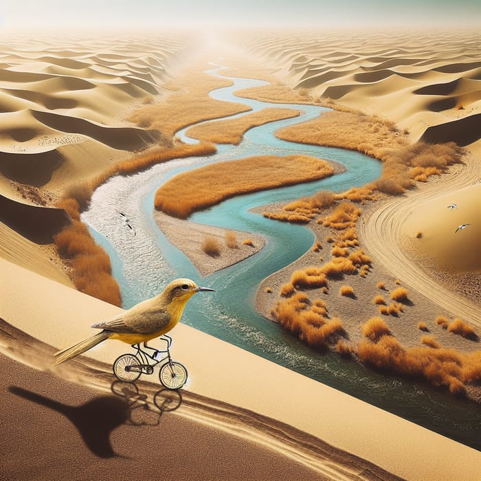 Bird Biking Along Desert River | AI Art Generator | Easy-Peasy.AI