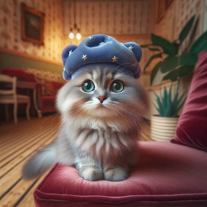 Adorable Cat with Emerald Eyes in Blue Head Cap