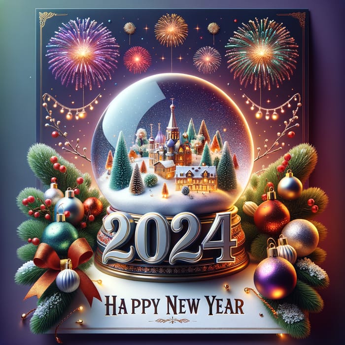 2024 New Year Greeting Card Design - Festive Snow Globe City