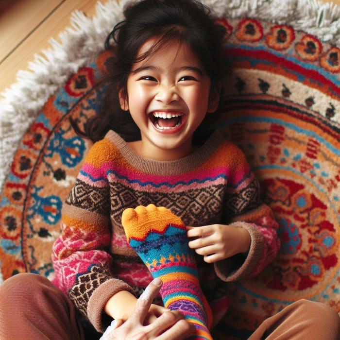 Playful Girl in Colorful Socks Giggling and Tickled on Soft Rug