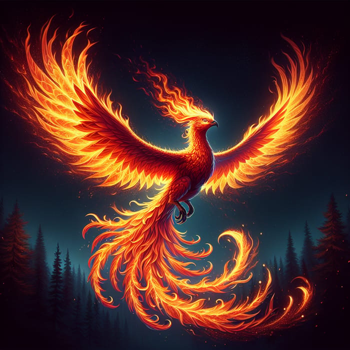 Majestic Phoenix Soaring in Fiery Night Sky