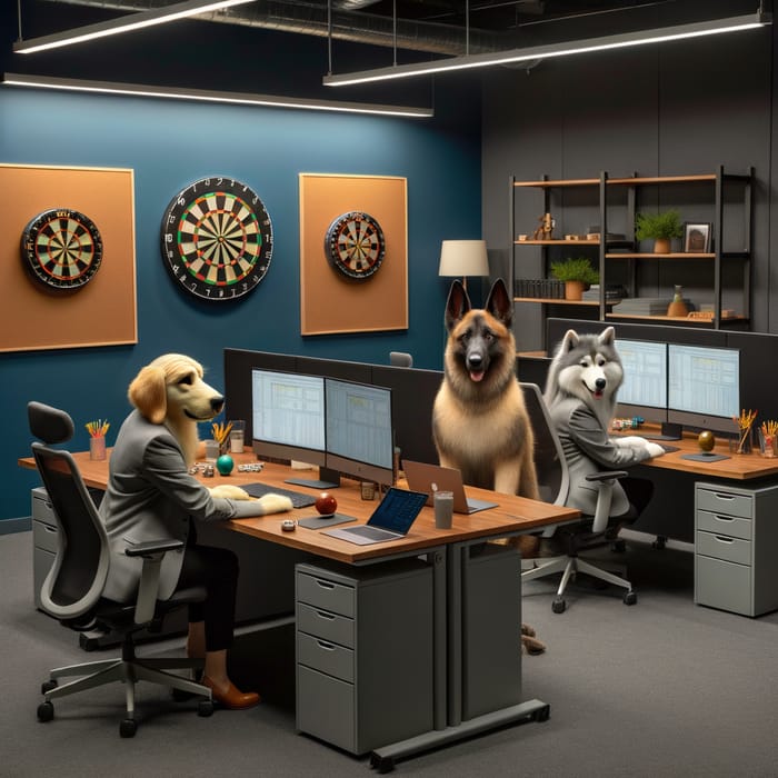 Golden Retriever and Two Other Dog Breeds as Financial Analysts in Stylish Office