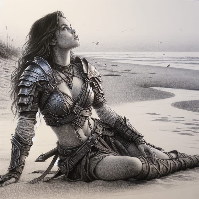 Naked Female Warrior Sketch on Beach | Tranquil Scene
