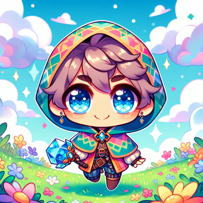 Chibi-Style Character with Crystal Wand in Colorful Outfit