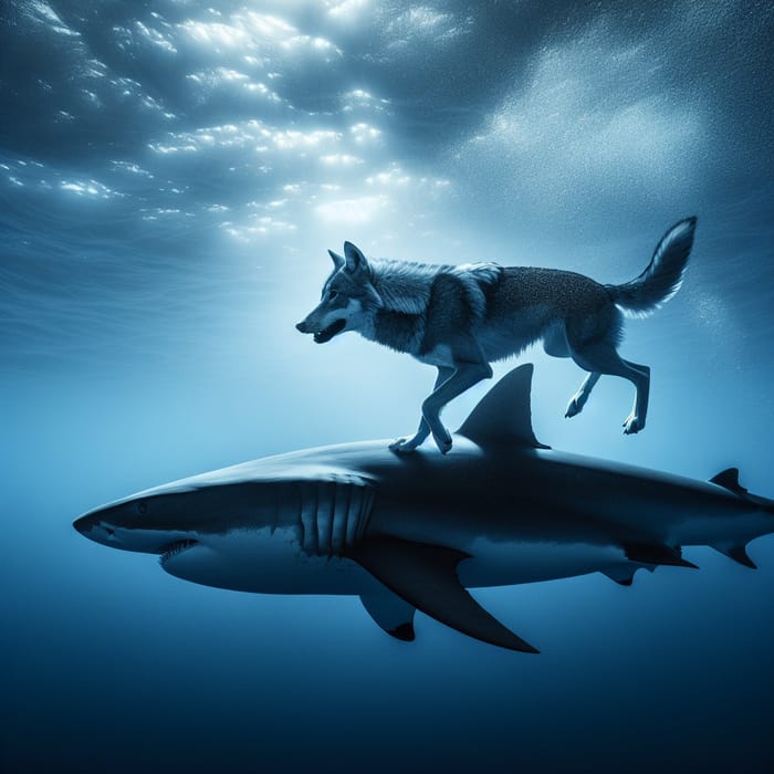 Gray Wolf Swimming with Shark in Mysterious Ocean Depths