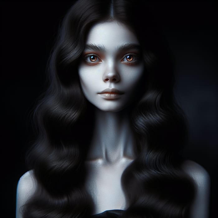 Moonlit Beauty: Enigmatic Pale Lady with Dark Hair & Amber Eyes