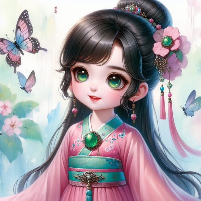 Enchanting Chibi Style Portrait of Young Asian Girl in Traditional Chinese Attire