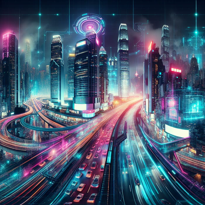 Neon Cyberpunk Cityscape | Vibrant Night Scene with Flying Cars