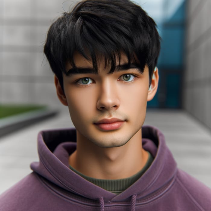 Asian 19-Year-Old Male with Short Black Hair and Green Eyes in Purple Hoodie