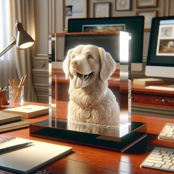 3D Dog Engraving in Crystal on Office Desk