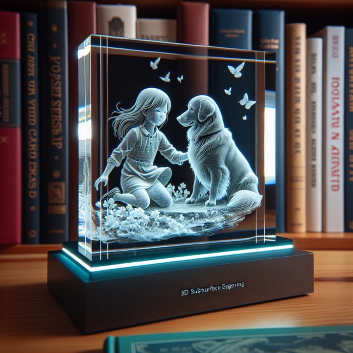 3D Engraving of Girl and Dog in Crystal | Subsurface Square Art
