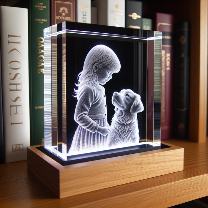 3D Engraving of Girl and Dog in Crystal Square on LED Base
