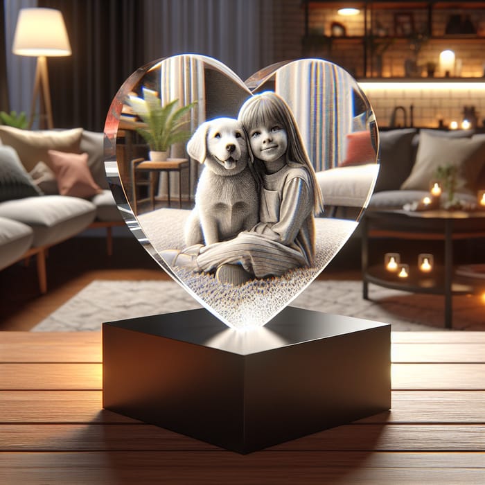 3D Engraved Crystal Heart with Girl and Dog Image in Home Setting