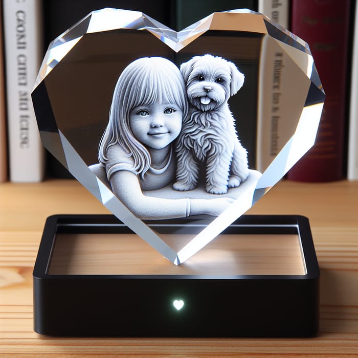 Girl and Dog 3D Engraving in Crystal Heart | LED Base Light