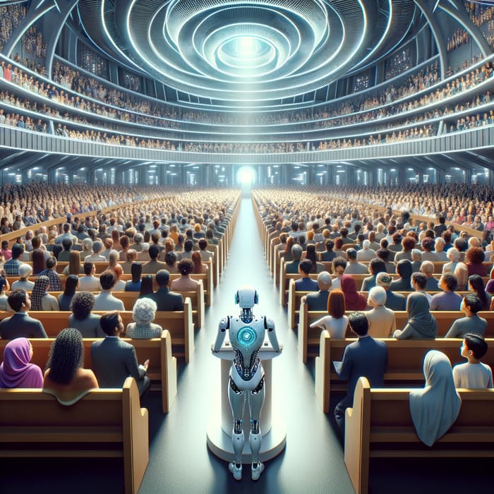 Living AI preaching to masses in futuristic mega church