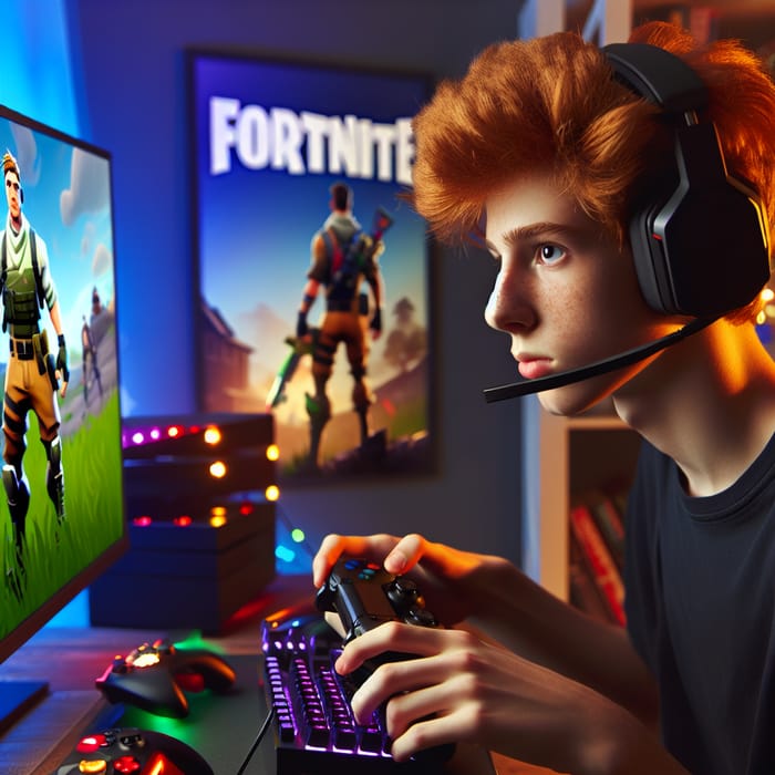 Young Ginger Playing Fortnite in Gaming Setup