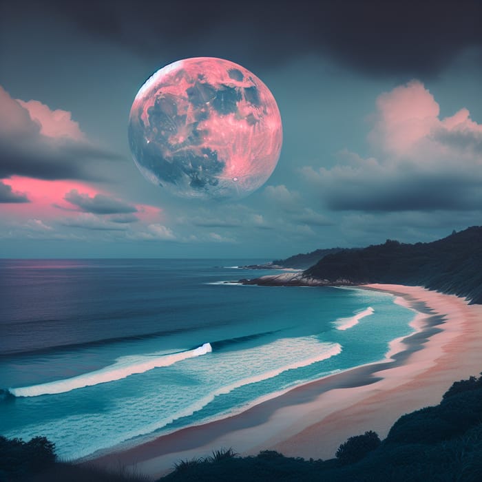 Enchanting Ocean Beach with Heart Shaped Pink Moon