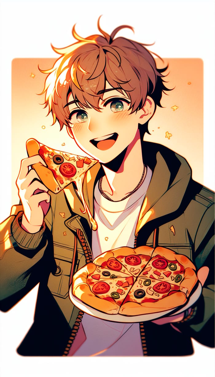Caucasian Anime Boy Enjoying Pizza - Vibrant Eating Scene