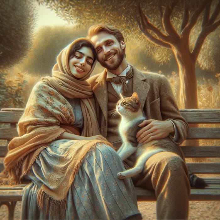 Whimsical Moment with Cat on Park Bench - Vintage Romance