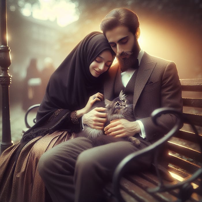 Vintage Romance: Turkish Couple with Cat on Park Bench